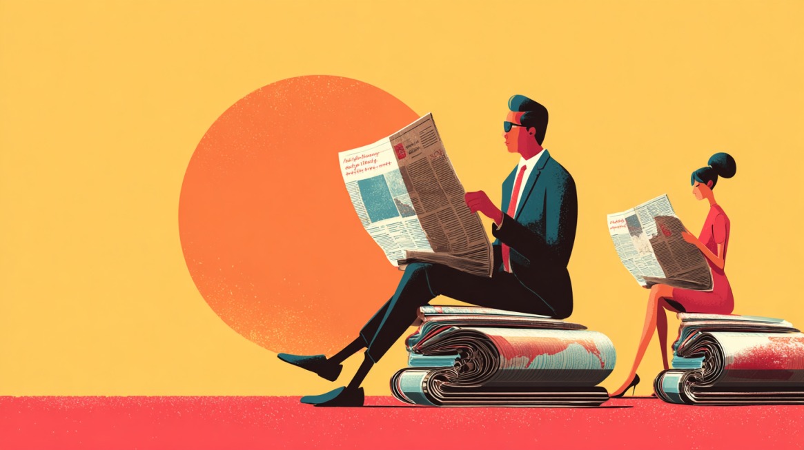 Ilustracija muškarca i žene koji sede na gomilama novina i čitaju ih, sa stilizovanim suncem u pozadini